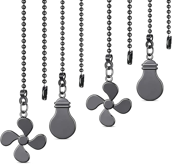 Ceiling Fan Pull Chain Set - 4 Piece Bulb and Fan Pattern Extension Pendant, 12 Inch Extender With Ball Connector (Gun Metal)