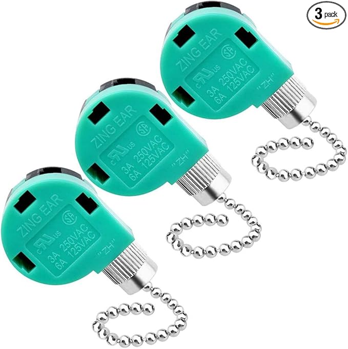 3 Pack Ceiling Fan Switch 3 Speed 4 Wire Zing Ear ZE-268S6 Fan Pull Chain Switch Replacement Speed Control for Ceiling Fan Light, Wall Lamps, Cabinet Light (Silver)