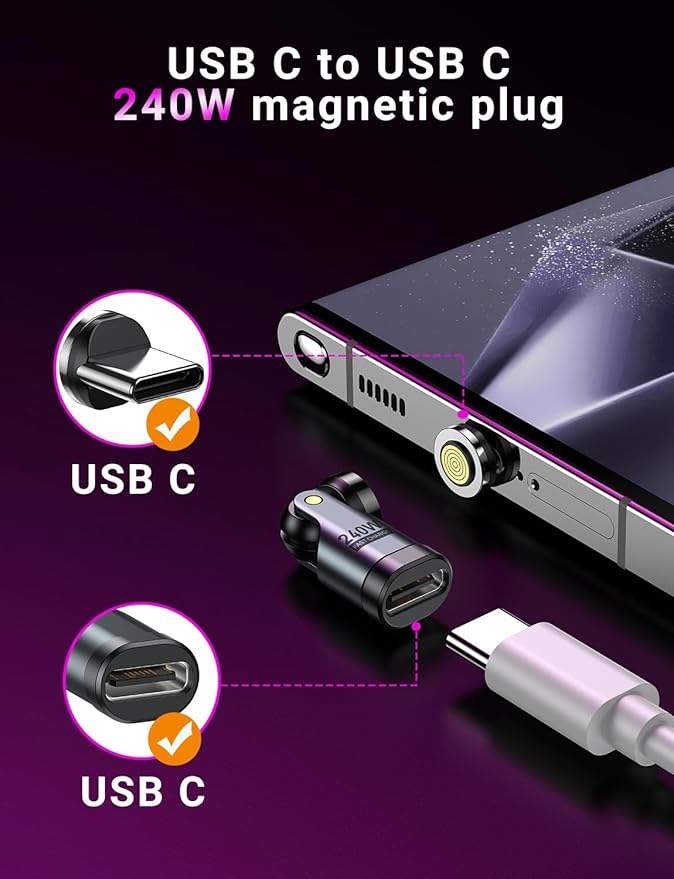 USB C Magnetic Adapter PD 240W(2Pack), 9PIN USB C 90 Degree Adapter/C Right Angle Adapters/360 &180 Degree C to C Adapters for 1Phone 17/16/15, Ma-Book Pro/1Pad Series, Samsung Galaxy, Tablet, Laptop