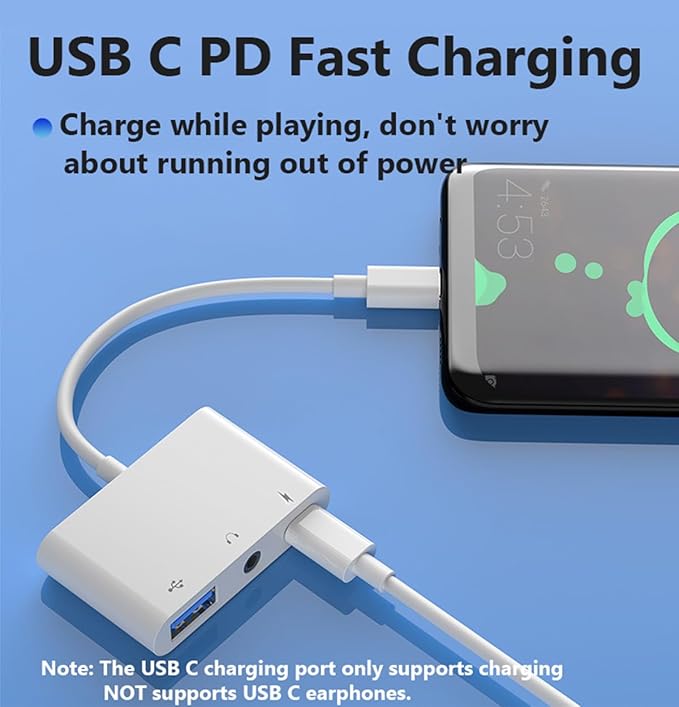 USB C to USB Adapter for MacBook, 3-in-1 USB C to USB-A OTG Splitter with 3.5mm Audio Jack and PD Fast Charging Port Compatible with iPhone 15, iPad Pro, Samsung Galaxy S23