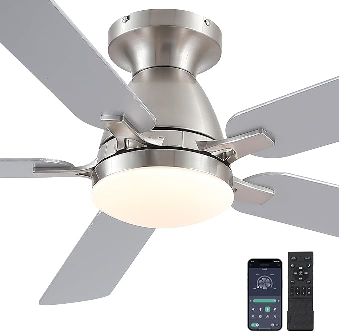 Ceiling Fans with Lights, 56" Flush Mount Ceiling Fan with Light and Remote/APP Control, Low Profile, Modern Ceiling Fan Reversible, Dimmable, Noiseless, Brushed Nickel for Bedroom