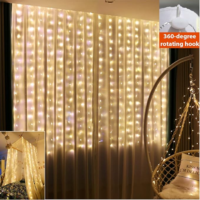 ZSJWL 6.5×9.8ft Curtain String Lights, USB Plug Fairy Lights Remote Dimmable Control, 8 Flashing Modes Waterproof Lights for Window Christmas Bedroom Party Wedding Garden Wall(Warm White)