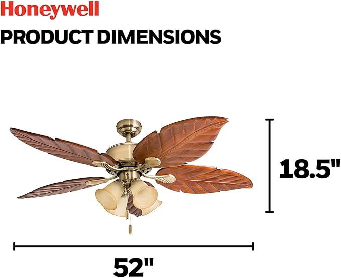 Honeywell Ceiling Fans Royal Palm, 52 Inch Tropical LED Ceiling Fan with Light, Pull Chain, Three Mounting Options, Hand Carved Solid Wood Blades - Model 50504-01 (Aged Brass)