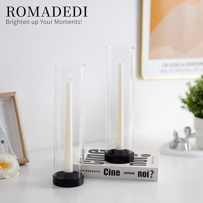 Romadedi Candlestick Candle Holders Hurricane Glass - 12 Inch Clear Black Taper Candle Holders for Table Centerpiece Wedding Party Birthday Christmas Decor Home Decorations, Set of 2