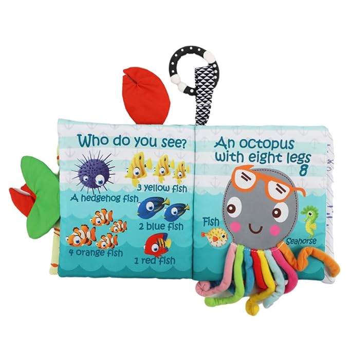 Fish Baby Book 0-6 Months,Touch Feel Cloth Crinkle Books for Babies,Infant Baby Toys 6-12 Months,Learning Education Soft Sensory Mirror Toy,Shower Gifts Easter for Boys Girls-Teether
