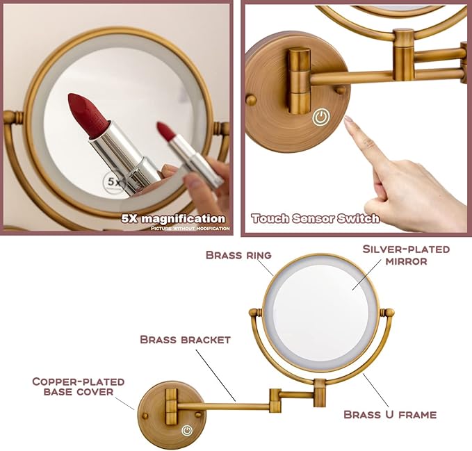 Hardwired Bathroom Wall Mounted Makeup Mirror with Lights and Magnification, 1X/5X Double-Sided for Exquisite Make-up, Extendable Adjustable Angle, No Bending Over Design, Antique Brass