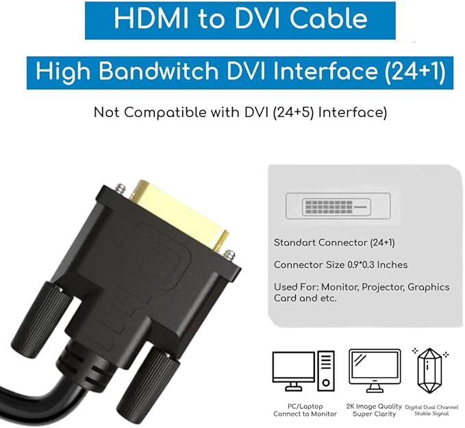 KUJOBUY HDMI to DVI Cable Adapter DVI to HDMI Cable Male to Male Adapter for TV X-Box One PS3 PS4 PS5 Gold-Plated DVID 24+1 Cord for Monitor Projector Laptop DVID Cord 6 FT