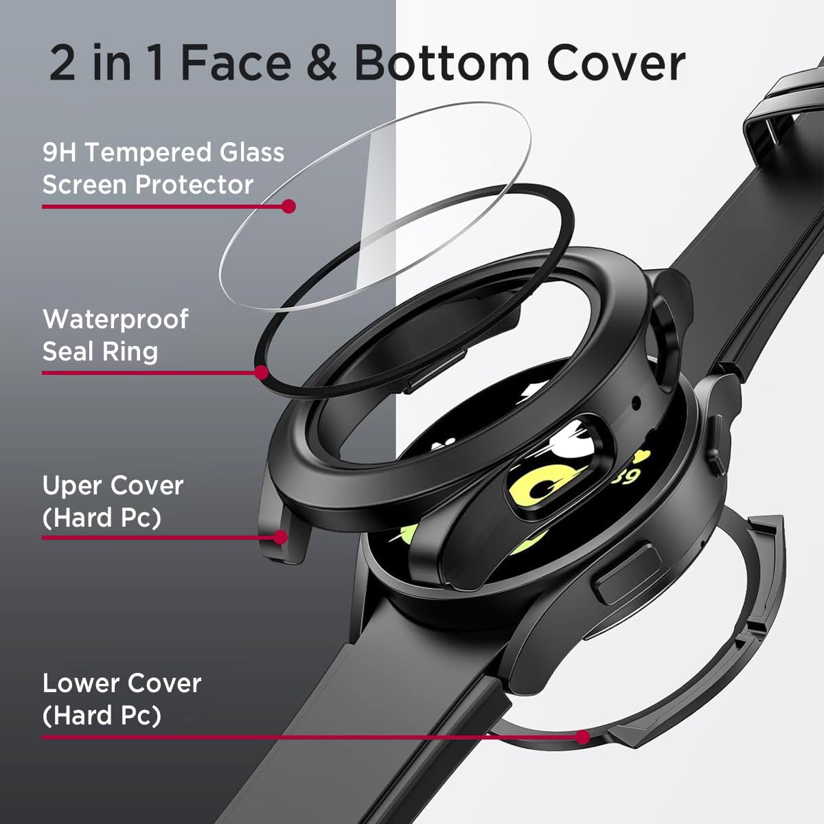 Miimall Waterproof Case for Samsung Galaxy Watch 6 40mm, Hard PC Bumper with Tempered Glass Screen Protector, Frosted