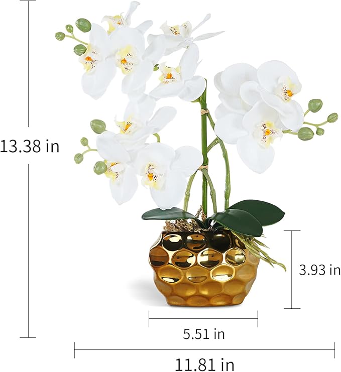 Ziwon Artificial Orchid Flowers & Plants Potted in Ceramic Pot, White Faux Phalaenopsis Orchids for Table Centerpiece, Realistic Fake Flower Arrangement for Home Office Decor Indoor
