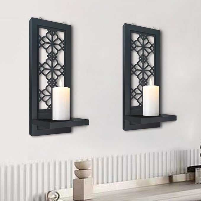Set of 2 Candle Sconces, Farmhouse Accent Wall Sconce, Black Candle Holder Wall Decorations for Home Décor, Living Room, Dining Room.(15 x6 in)