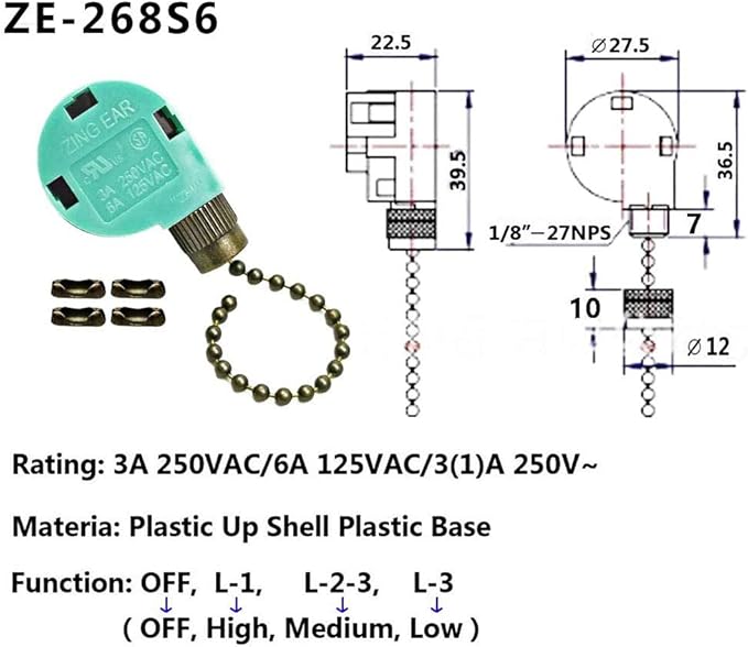 Ceiling Fan Switch ZE-268S6 3 Speed 4 Wire Bronze Zing Ear For Ceiling Light Fans Lamps and Wall Lights Pull Chain Switch Replacement On-Off with Pull Chain,1 Pack