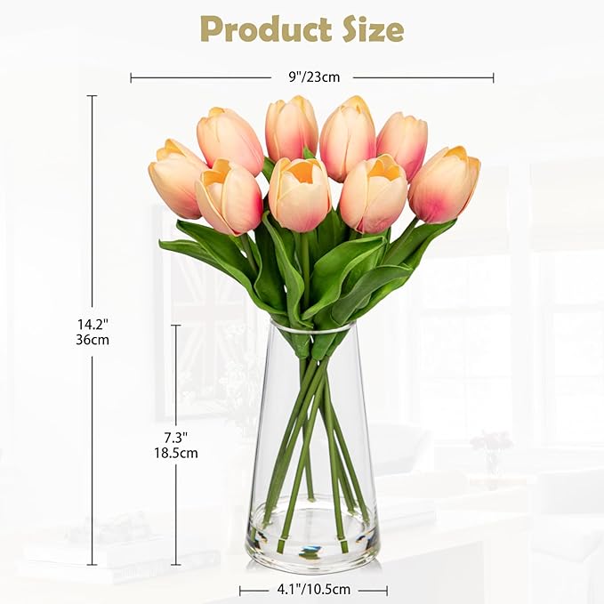 Fake Tulips Artificial Tulip Flowers in Glass Vase with Faux Water, 14.2" Real Touch Peach Tulip Flowers Spring Décor for Table Centerpiece Home Farmhouse Resto Wedding Decoration