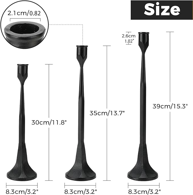 Black Taper Candle Holder 3-Pack - Iron Taper Candle Stick Holders for Table Decor, Wedding, Party - Fits 3/4 Inch Candles