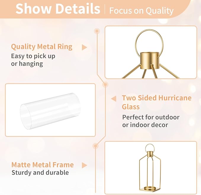 NUPTIO Gold Lanterns Decorative Indoor: Set of 2 Hanging Metal Pillar Candle Lantern with Bottomless Hurricane Glass for Wedding Home Front Porch Outdoor Fireplace Christmas Table Centerpiece
