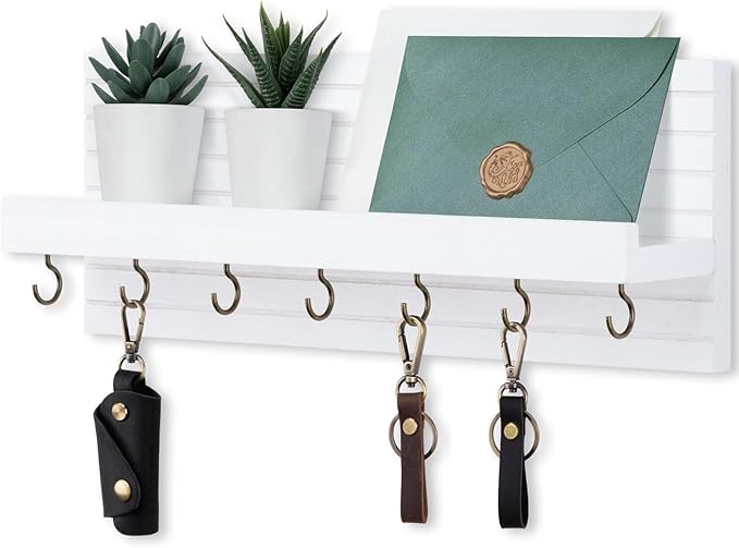 Decorative Key Holder for Wall with Shelf, Entryway Shelf with Hooks Holds Leashes, Jackets and Glasses – Sturdy Wood Keyholder Entrance Hanger with Mounting Hardware (White, Large)