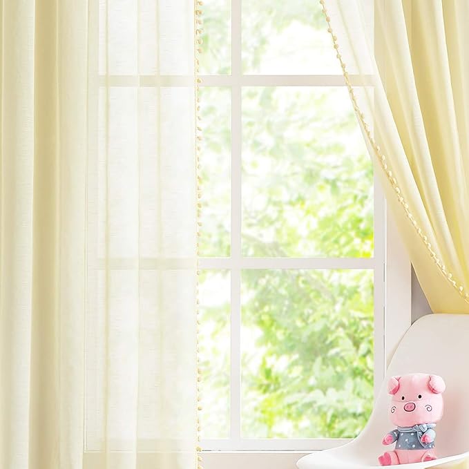 Treatmentex Pom-pom Sheer Curtains for Living Room, 84 inch Long Yellow Curtain Drapes for Kids Room 2 Panels Rod Pocket