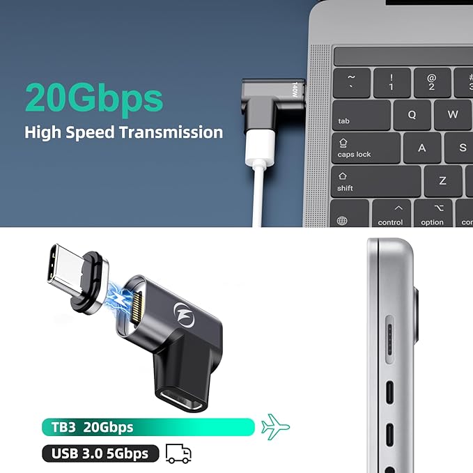 HanCenDa 140W USB C Magnetic Adapter 2Pack, 24Pins USB C 90 Degree Adapter with 20Gbps 8K 60Hz Video for Thundebolt 3 MacBook Pro/Air, Tablet, Laptop, iPhone 15/16 Pro/16 Plus/16 Pro Max