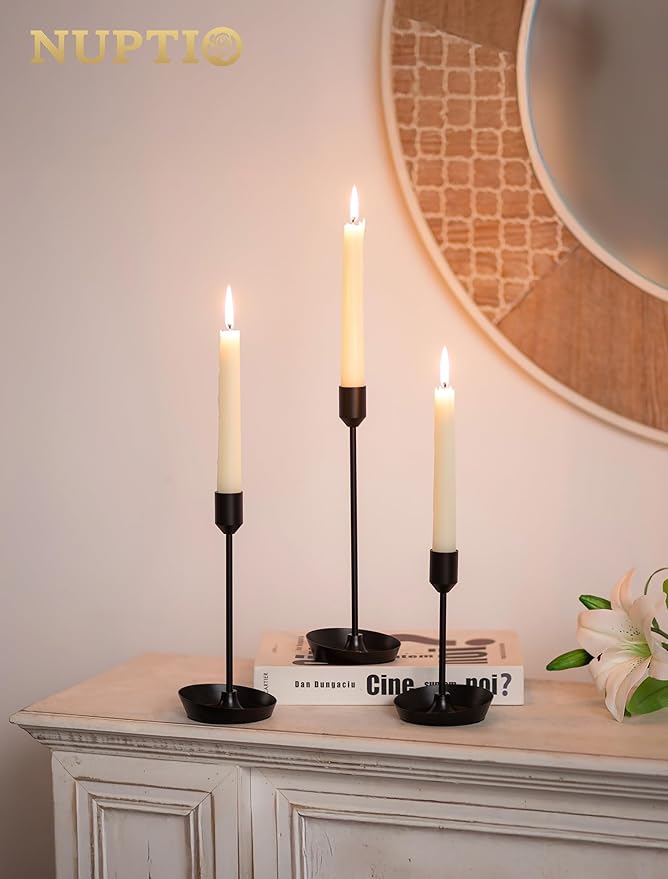NUPTIO Black Candlestick Holders for Centerpiece: 3 PCS Tall Taper Candles Holders for Halloween - Metal Candles Stick Holder for Christmas Birthday Party Fireplace Table Decor