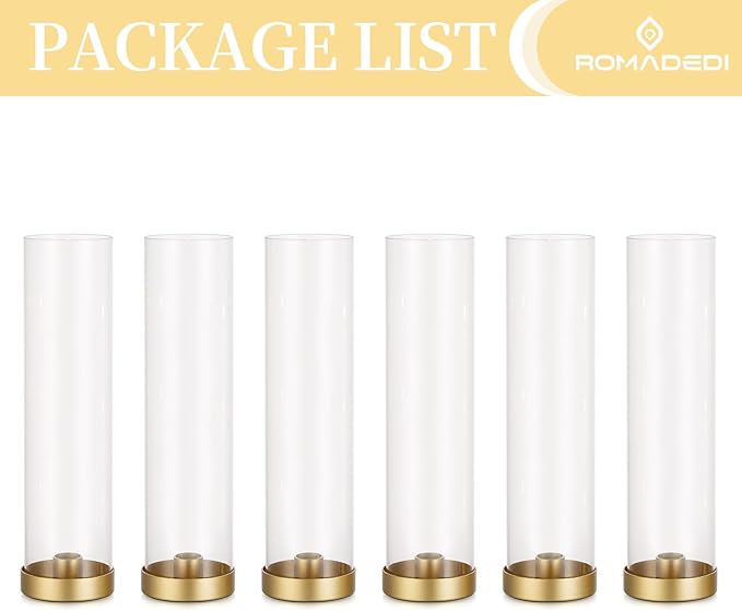 Romadedi Glass Hurricane Candle Holders Gold - 12 Inch Taper Candlestick Holder Bulk Clear Glass Cylinder Table Centerpiece Wedding Decor Party Birthday Christmas Home Decorations, Set of 6