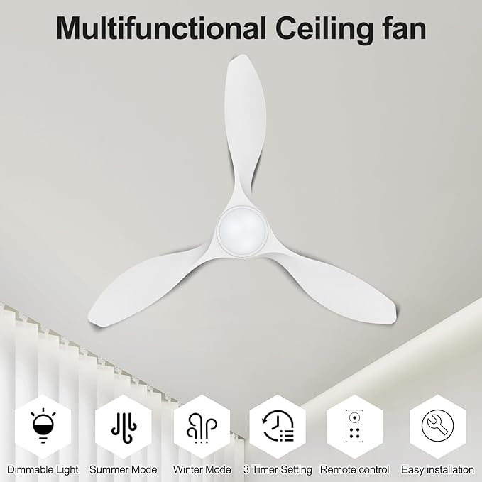 ocioc 42 inch Ceiling Fans with Lights and Remote, Dimmable Ceiling Fans with Reversible Quiet DC Motor, Flush Mount, 3CCT, White Ceiling Fan for Bedroom Living Room Indoor/Outdoor