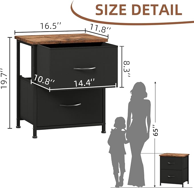 Somdot Nightstand, Small Dresser for Bedroom with 2 Drawers, Bedside Table Night Stand End Table with Fabric Bins for Bedroom Kids Closet Dorm Guest Room, Black Rustic Brown