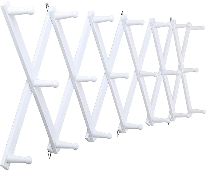 WEBI Accordion Wall Hanger,Wooden Expandable Coat Rack Wall Mounted,Accordion Hat Rack for Wall,Accordion Hook Rack for Hats,Caps,20 Peg Hooks,White