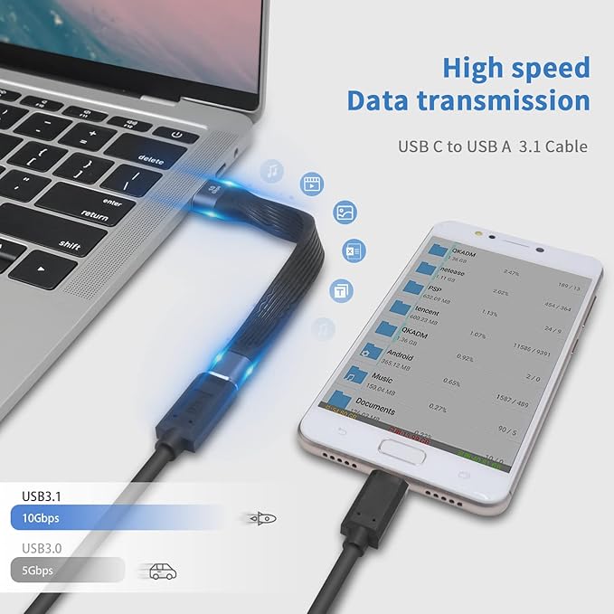 Poyiccot USB C Female to USB A Male Cable, Soft & Flexible Flat Short Type A to Type C Cable Compatible with Galaxy, MacBook, Phone, Laptop
