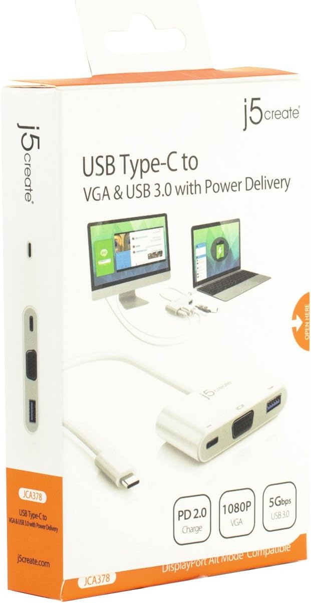 j5create USB-C to VGA & USB 3.0 - Power Delivery | USB Super Speed 3.0 Port | 5 Gbps | 1920 x 1200 @ 60 Hz | 1080p Video Playback | Compatible with USB C Devices