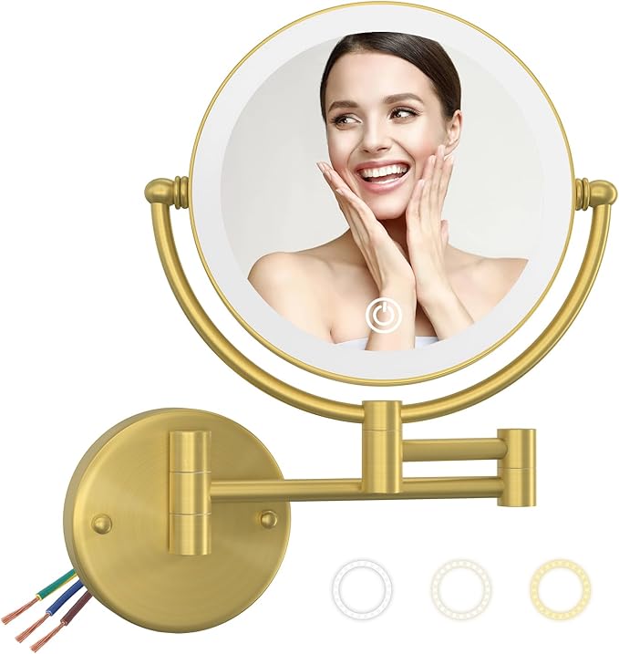 Make up Mirror Wall Mounted Lighted 10X Magnifying Hard Wired, Double Sides 3 Color Lighting Touch Dimming 360 Swivel Extended Arm Shaving Mirror for Bathroom, Brushed Gold