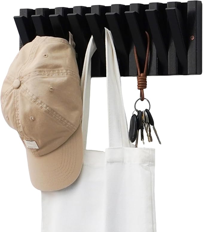 Coat & Hat Hooks Wall Mount with Key Holder, Wall Mounted Coat Rack with 9 Retractable Hangers, Solid Wood Slim Key Holder for Entryway Decor, 17in Natural Finish