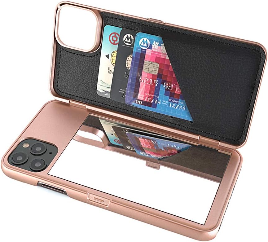 Hidden Back Mirror Wallet Case for iPhone 11 Pro Max (2019) 6.5 inch with Stand Feature and Card Holder (Rose Gold)