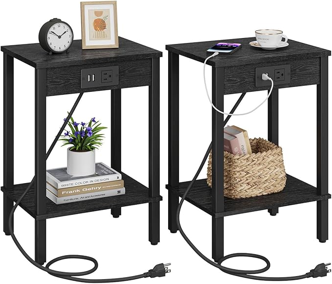 VIMBER Set of 2 End Table with Charging Station, Narrow Side Table with USB Ports and Outlets, Nightstands with 2-Tier Storage Shelves, Sofa Table for Small Space Living Room Bedroom