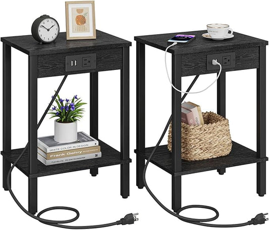 VIMBER Set of 2 End Table with Charging Station, Narrow Side Table with USB Ports and Outlets, Nightstands with 2-Tier Storage Shelves, Sofa Table for Small Space Living Room Bedroom
