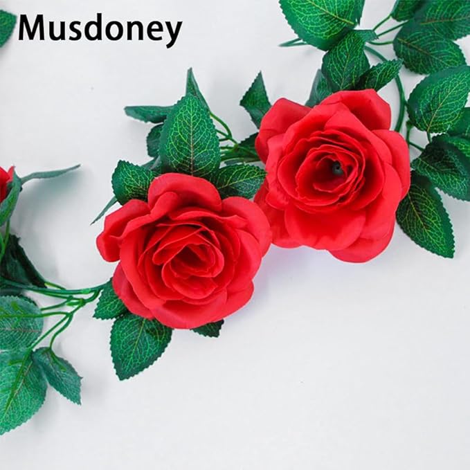 Musdoney 4Pcs 32.2 FT Fake Rose Vine Flowers Plants Artificial Flower Garland Hanging Rose Ivy Home Hotel Office Wedding Party Garden Craft Art Decor (Red)