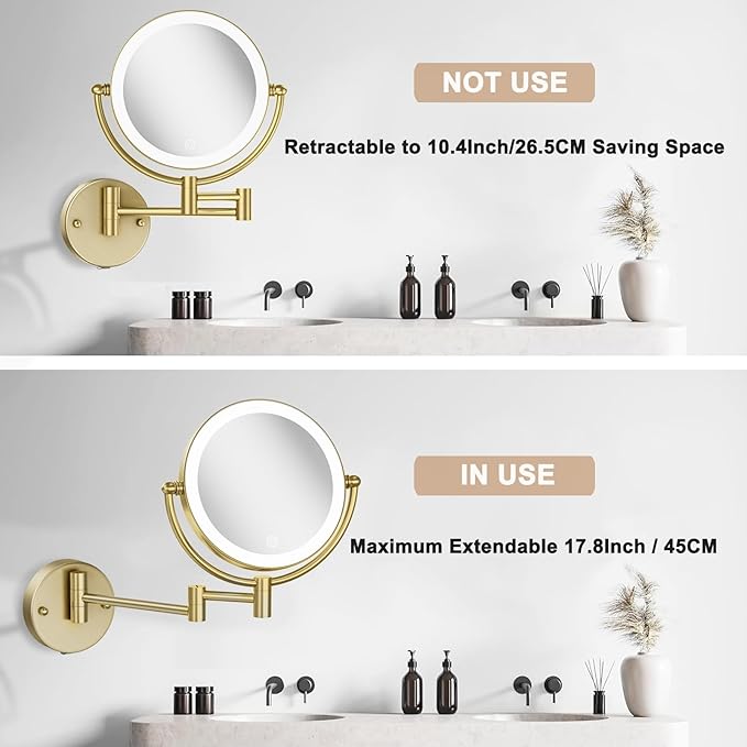 Matte Gold Wall Mounted Makeup Mirror with Lights and 10X Magnification, 8" Rechargeable 2-Sided 3-Colors, Touch Dimmable Extended Arm 360 Rotation, Foldable Vanity Cosmetic Shaving Mirror Bathroom