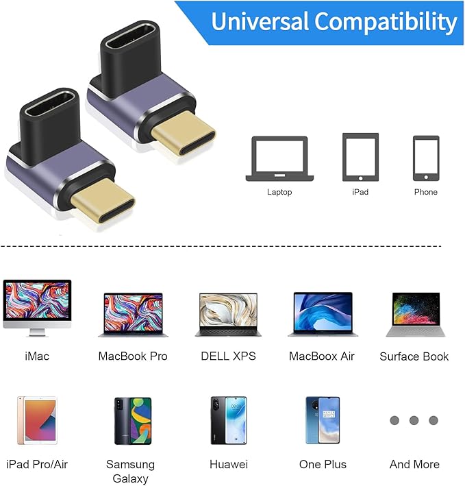 USB C 90 Degree, Right Angle Adapter, Female to Female Adapter240W PD, 40Gbps and 8K Video Supports Thunderbolt 4/3 Cable for laptops, Tablets and Phones (2 Packs) (USB C Coupler 240W)