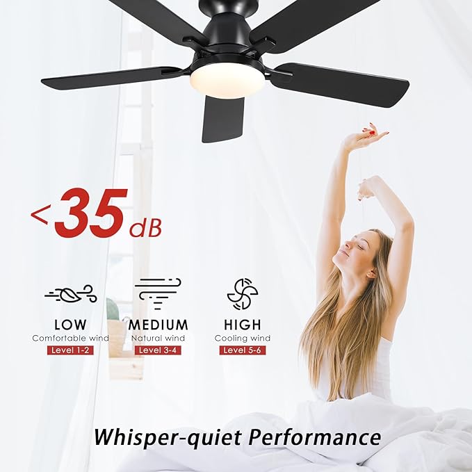 Ceiling Fans with Lights- 46" Low Profile Indoor Ceiling Fan with Light and Remote/APP Control, Flush Mount, LED Dimmable DC Reversible Modern Ceiling Fan for Bedroom（Black）