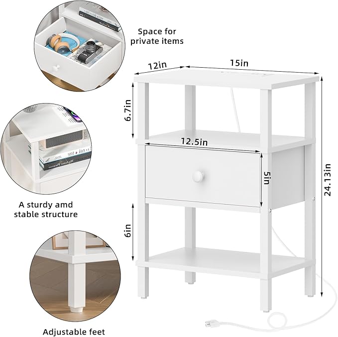 Lerliuo Nightstand Set of 2 with Charging Station and USB Ports, 3-Tier Storage End Table with Drawer Shelf, Night Stand for Small Spaces, Wood Bedside Table for Living Room, Bedroom - Elegant White