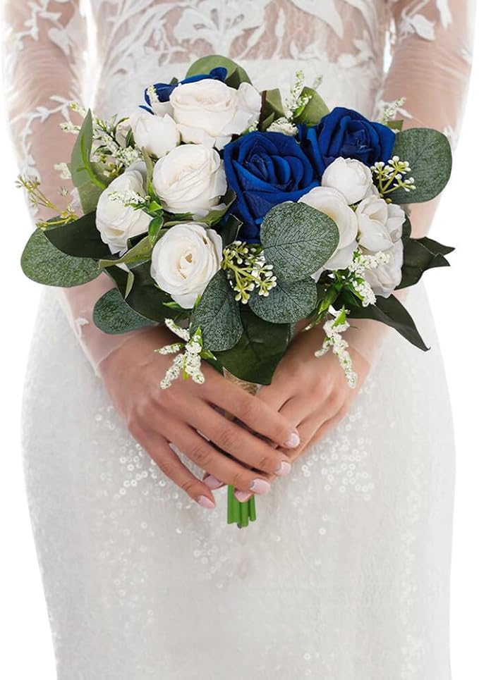 Wedding Rose Bouquet Bridesmaid Flower Bouquets, Artificial Flower Blue White Rose Wedding Bouquets for Bride Bridesmaid Bouquet Faux Bouquet Bride Bridesmaid Holding Flower for Wedding Decor, Medium