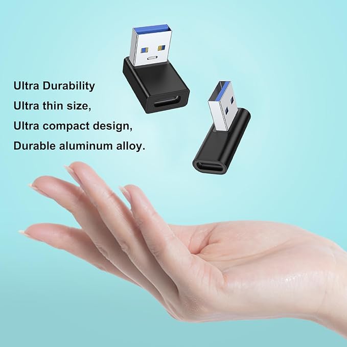 AreMe 90 Degree USB to USB C Adapter 4 Pack, Up and Down Angle, Left and Right Angle Type C Female to A Male Converter Extender for PC, Laptop, USB A Charger, Power Bank and More (Black)