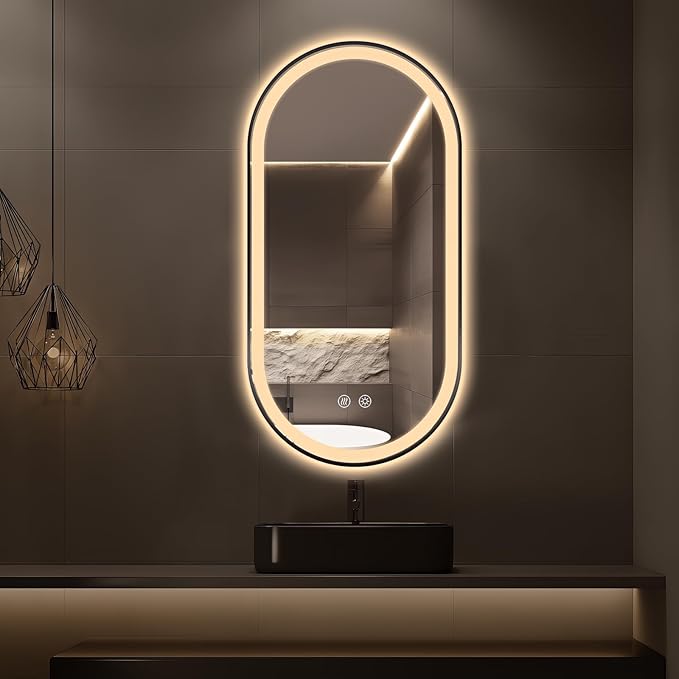 Niccy Oval LED Mirror for Bathroom, 48x24 Front Lit + Backlit Vanity Mirrors with Light Anti-Fog, Shatter-Proof, 3 Colors, Makeup Mirror with Black Frame (Horizontal/Vertical)