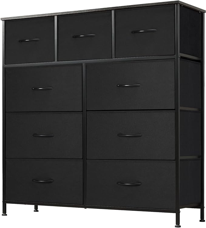 DUMOS Dresser for Bedroom, Storage Organizer with 9 Drawers, Chest of Drawers with Fabric Bins, Sturdy Metal Frame, Wood Tabletop for Guest Room, Closet, Entryway, Nursery