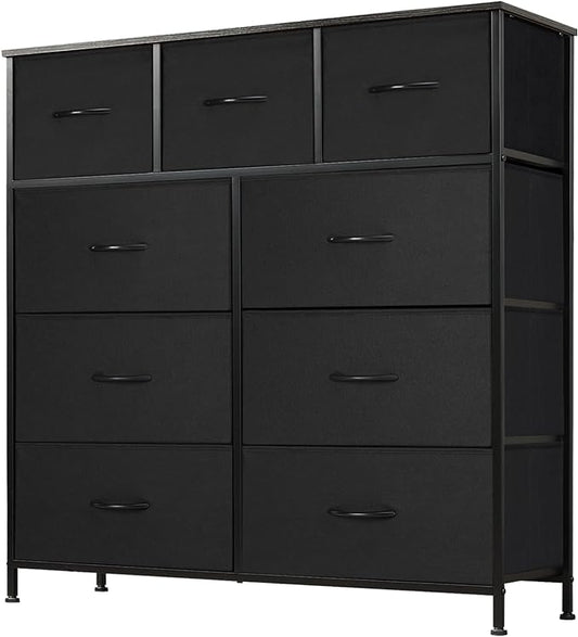 DUMOS Dresser for Bedroom, Storage Organizer with 9 Drawers, Chest of Drawers with Fabric Bins, Sturdy Metal Frame, Wood Tabletop for Guest Room, Closet, Entryway, Nursery