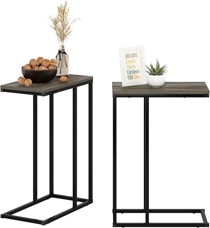 Furinno CAMNUS Side Table Set of 2, C-Shape Sofa End Table for Couch, Metal Frame Night Stand, Bedside Table, for Living Room, Bedroom, French Oak Grey