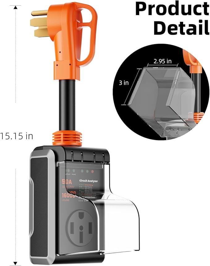 50 amp Surge Protector for RV, 2026 Upgraded 16000J Surge Protection RV Circuit Analyzer, RV Surge Voltage Protector with Waterproof Cover, RV Plug Adapter for Camper, Travel Trailers