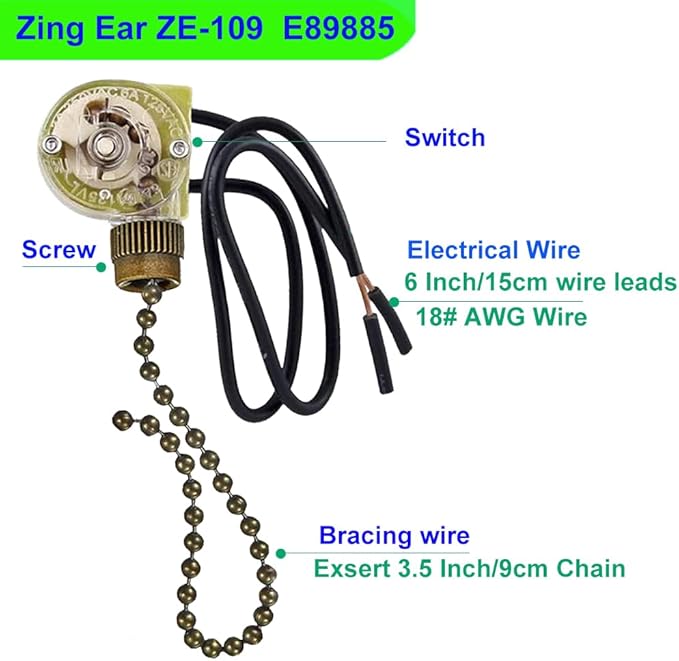 Ceiling Fan Light Switch Zing Ear ZE-109 Two-Wire with Pull Cords,On/Off Control Light Switch for Ceiling Fans, Lamps & Wall Lights – Compatible with Harbor Breeze Replacement Parts, (2-Pack, Bronze)