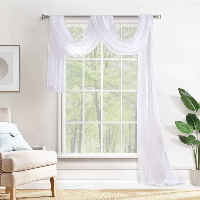MIULEE Luxury Sheer Voile Elegant Window Scarf Topper - Long Valance Solid Treatment Swags Drapes for Ceremony, Wedding, Canopy Bed - 54" x 216" White 1 Piece