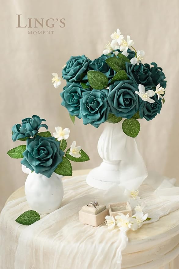 Ling's Moment Artificial Flowers Fake Roses Faux Foam Flower Combo for DIY Wedding Bouquets Centerpieces Arrangements Bridal Shower Party Home Decorations, Dark Teal, 24pcs