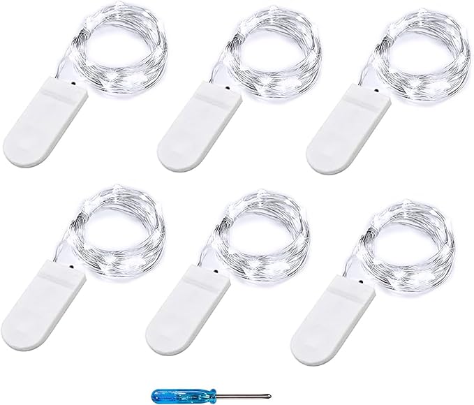 Fairy Lights CR2032 Battery Operated,6.6Ft/2Meter 20 LEDs Micro Silver Wire String Lights for Bedroom Christmas Party Wedding Decoration (Cool White, 6 Pack)