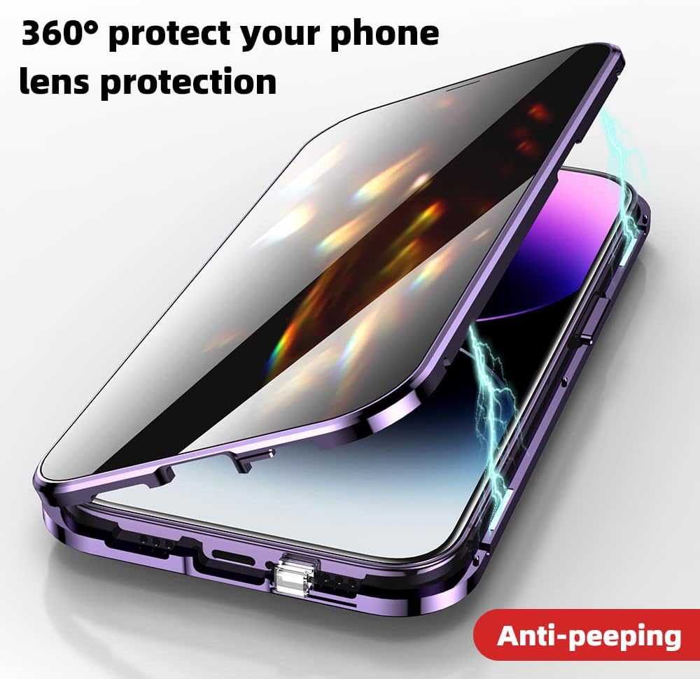 HENGHUI Anti-Peep Lockable Case for iPhone 14 Pro Max, Gold, Magnetic Glass, Camera Lens & Privacy Screen Protector,